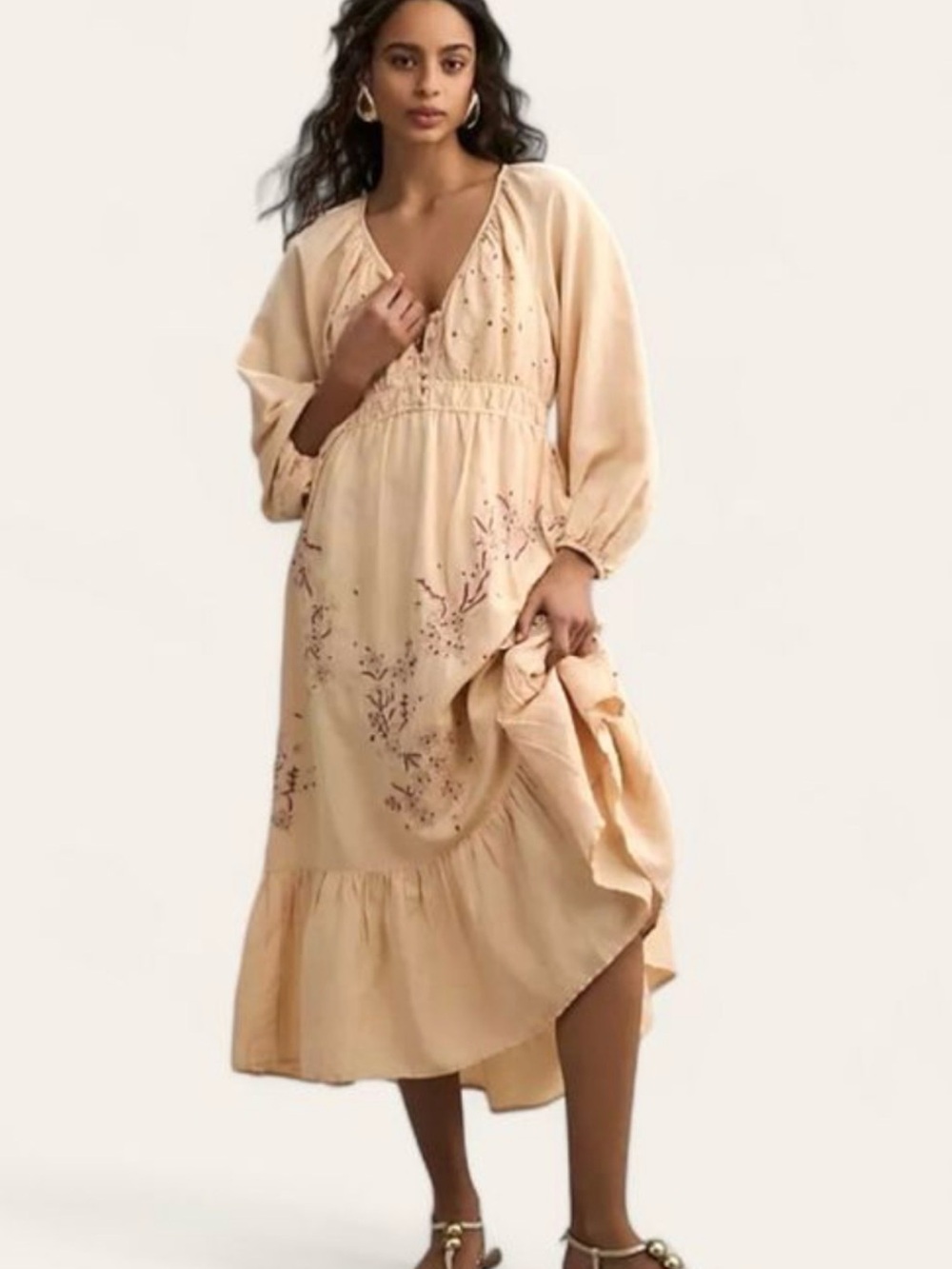Anthropologie linen blend pale peach embroidered  Floral Maxi Dress V-Neck L